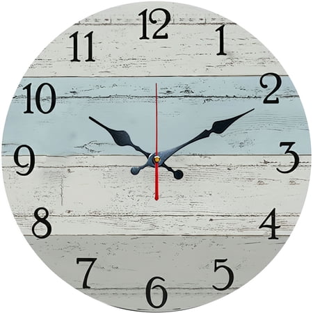 Hoease 10 Inch Silent Wall Clock, Rustic Distressed Blue White Wood Plank Decorative Wall Clock, Battery Operated Non-Ticking Round Clock for Living Room Bedroom Farmhouse Home Decor