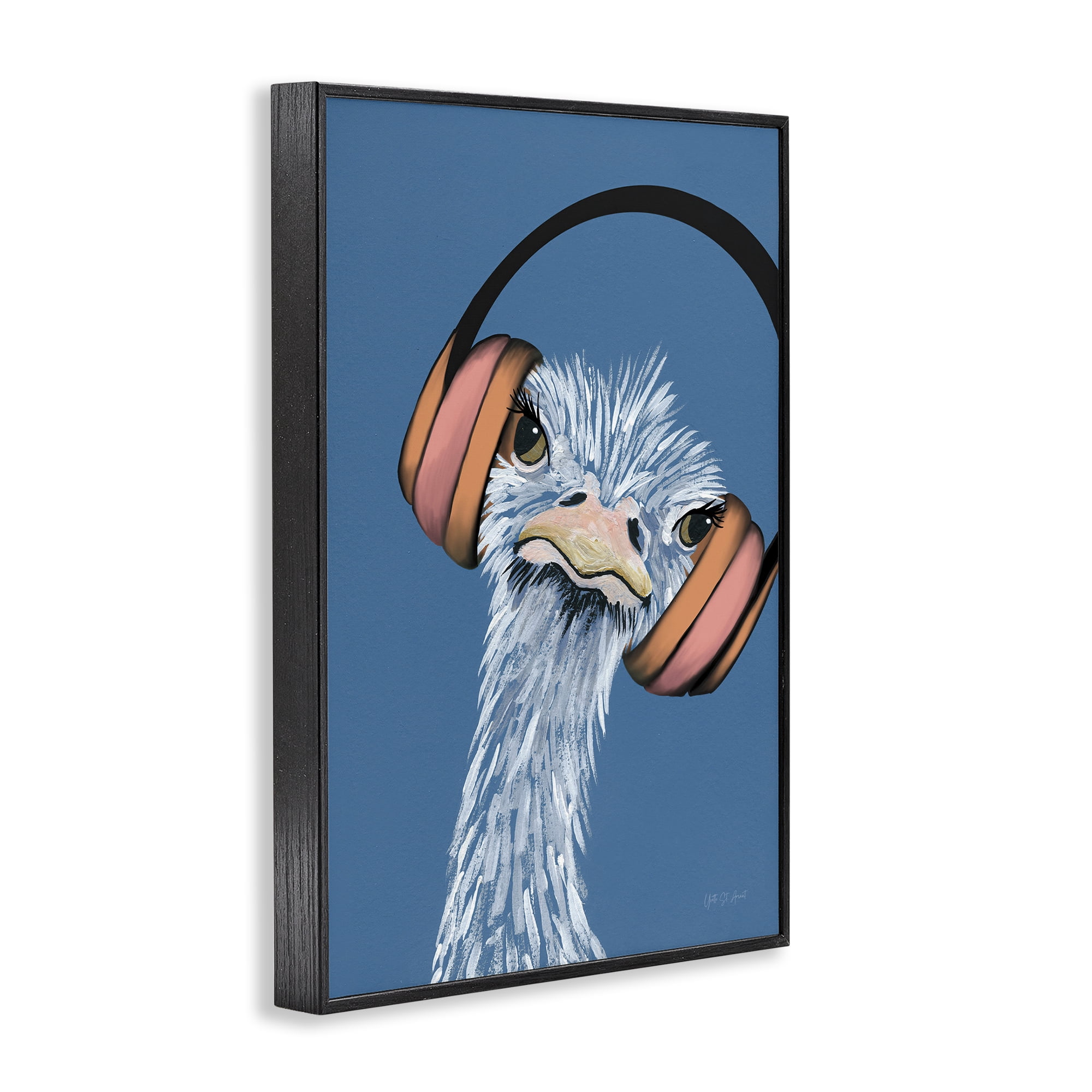 Stupell Industries Ostrich with Headphones Animals & Insects Painting Black Framed Art Print Wall Art, 16 x 24