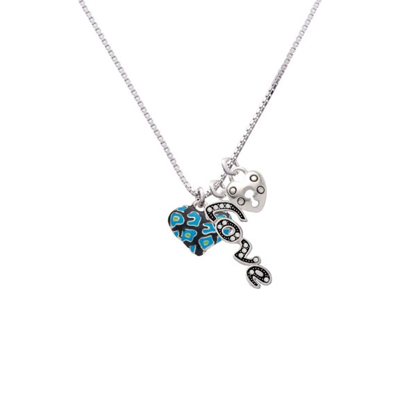 Delight Jewelry Silvertone Hot Blue Cheetah Print Heart - Love and Lock Charm Necklace, 18"+1"