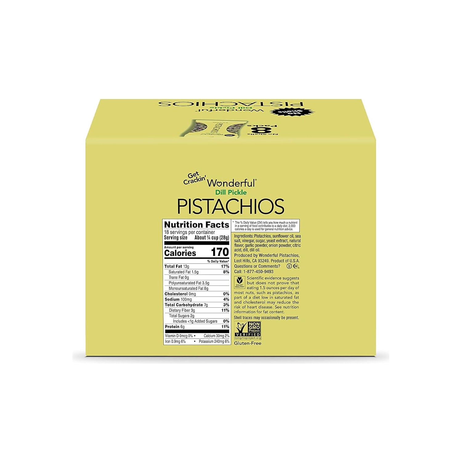 Wonderful Pistachios, No Shells Dill Pickle Nuts, 2.25 Ounce Bag (Pack of 8)