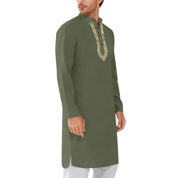 Kaftan for Men Kurta Set for Men Caftan Mens Kaftan Thobe for Men Mens Kaftan Thobe Button Down Casual Henley Shirts Long Sleeve Robe Cotton Linen Muslim Gown Shirt, Army Green-L