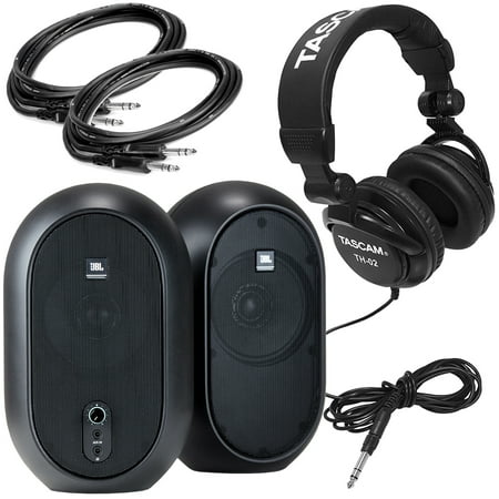 - JBL Professional 1 Series 104 Compact Powered Desktop Reference Monitors (sold as pair) Bundle with Tascam Headphones Model TH-02-B plus 2 10ft 1/4in TRS Male to Male Cables