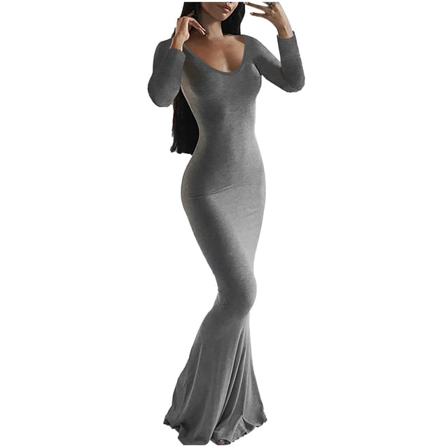 Vestido largo ajustado sin espalda, de color liso y cuello en V, para mujer: estilo informal y sexy para fiestas, trabajo y vacaciones
