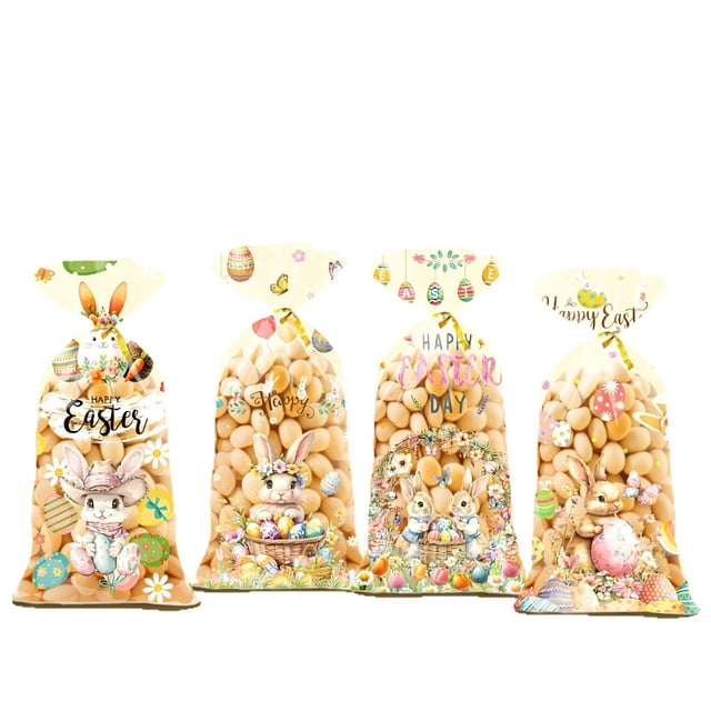 Easter Candy Bags Rabbit Egg Printed Plastic Treat Bags With Ties For Holiday Birthday Party Favors Set Of 50 6X11 Inch