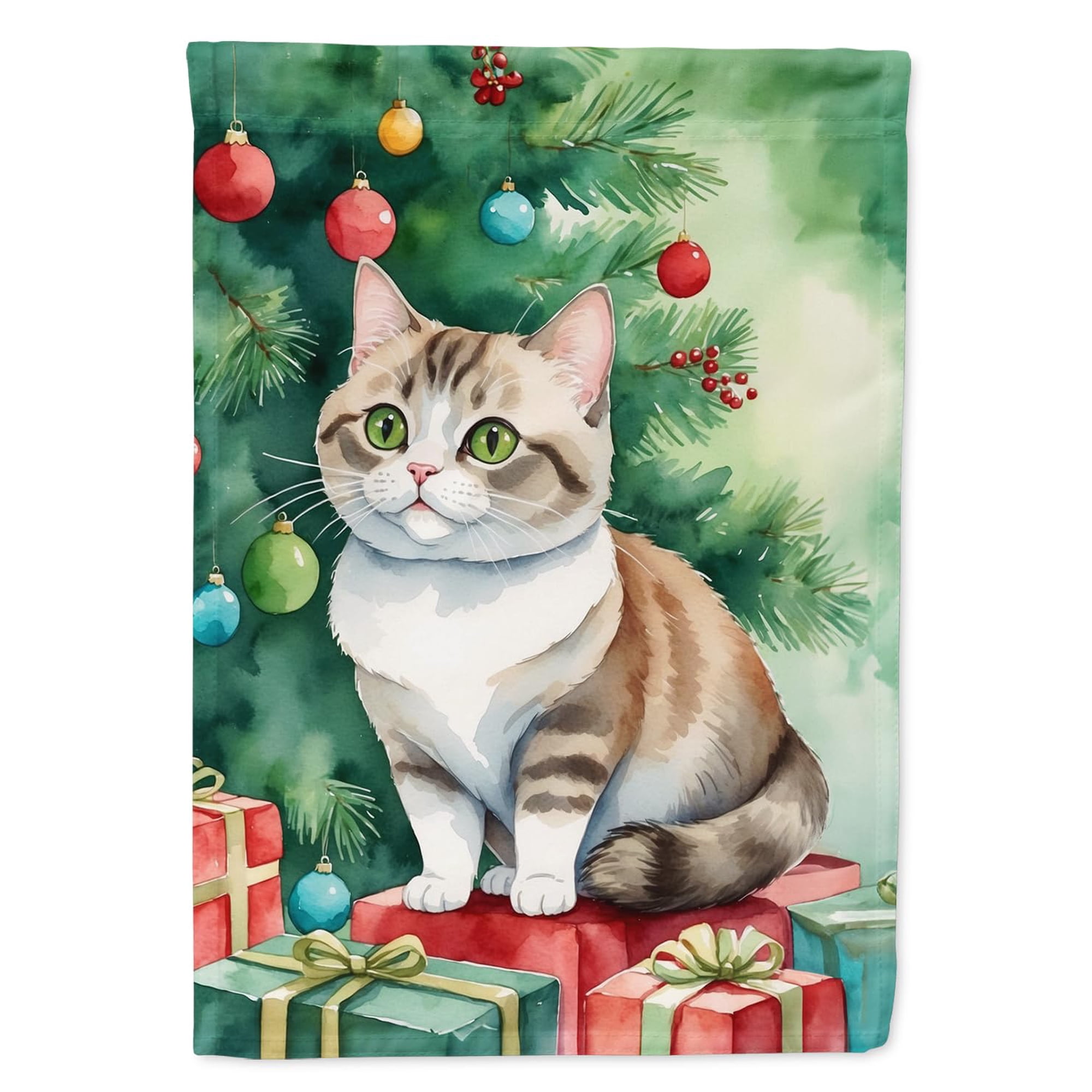 Caroline's Treasures Munchkin Cat By the Christmas Tree House Flag Large Porch Sleeve Pole Decorative Outside Yard Banner Artwork Wall Hanging, Polyester, House Size, Multicolor
