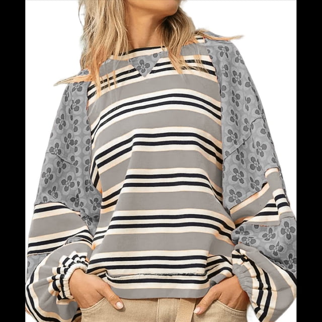 Sudadera con Cuello Redondo y Estampado Floral A Rayas con Bloques de Color para Mujer, Estilo Y2K Gris S