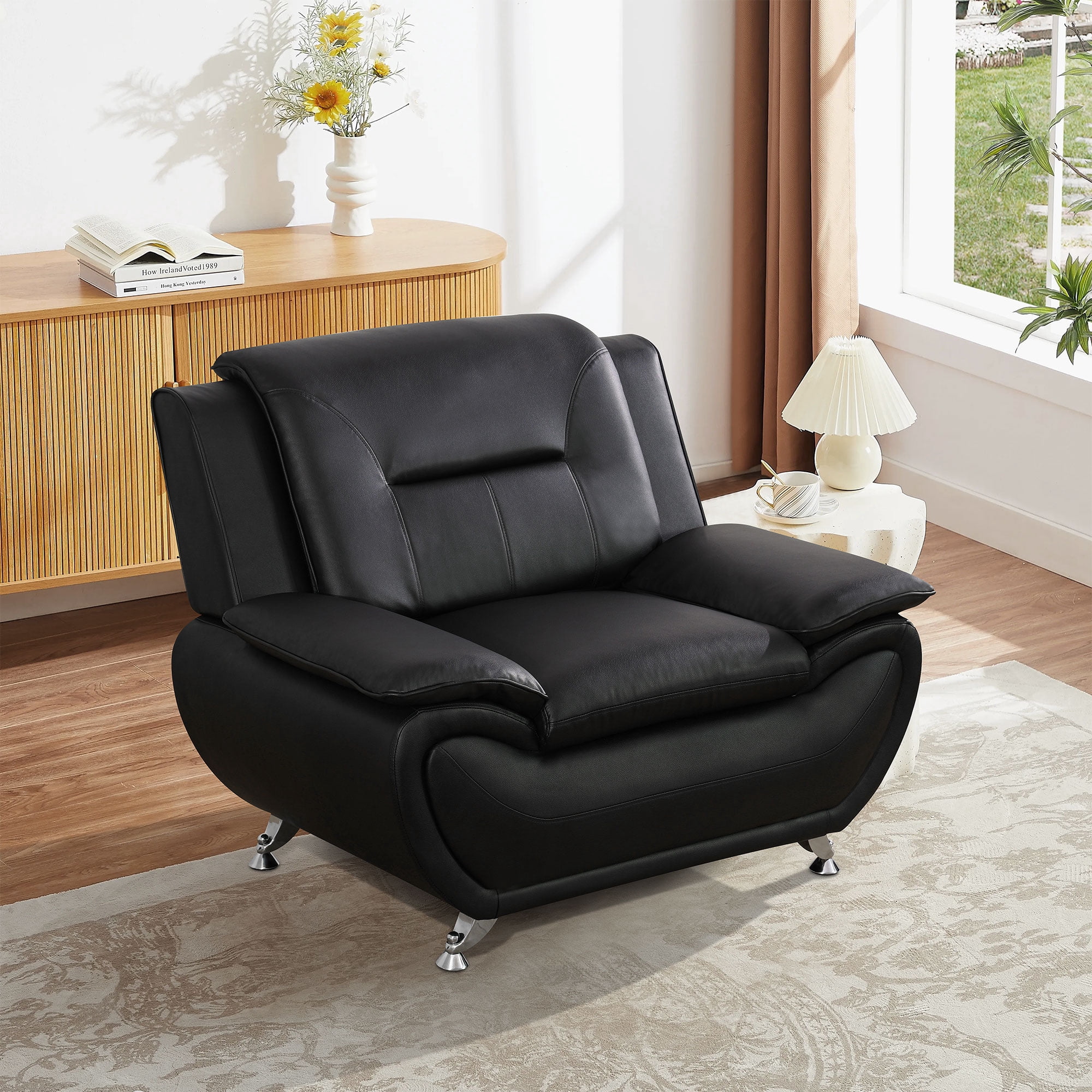 Gewnee Single Sofa, 46" Sofa Chair,Breathable Faux Leather Upholstery, Solid Wood Frame Living Room Lounge Accent Chair ，Black