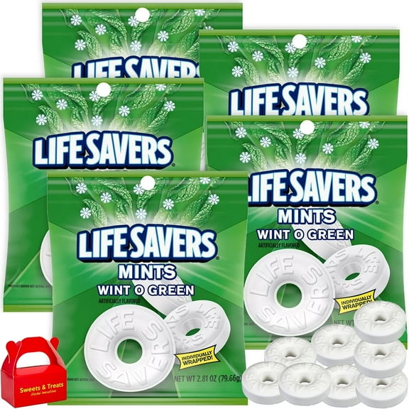 Life Savers Wint-O-Green Wintergreen Hard Candy 5 Bags Individually Wrapped Breath Mints Refreshing Flavor - Office Travel Holiday Sharing - 14.05 oz Total