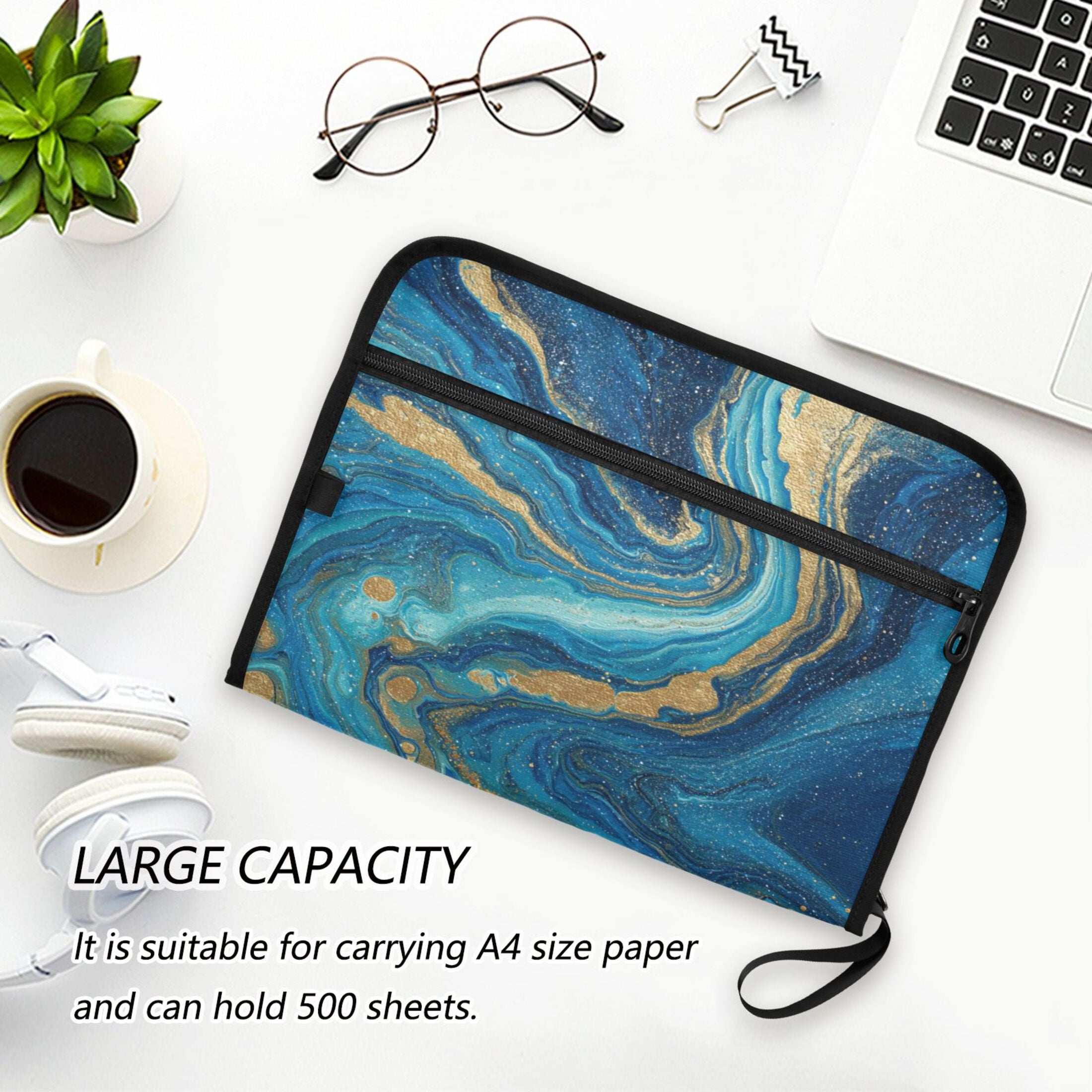 Accordion File Organizer with Zip Closure 13 Pockets Expanding File Folder Letter A4 Paper Document Organizer for Home Office Blue and Gold Ocean
