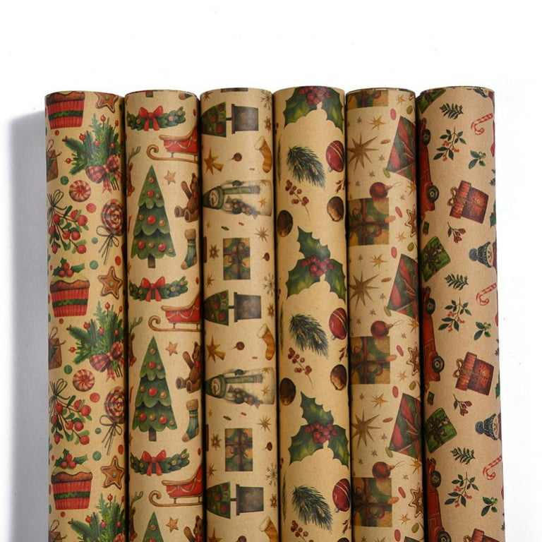 Slopehill 6 Rolls Christmas Wrapping Paper, Kraft Paper - Snowflakes, Car and Christmas Tree, Stripes and Merry Christmas, 1.64 x 2.3 Feet per Roll, Size: 50
