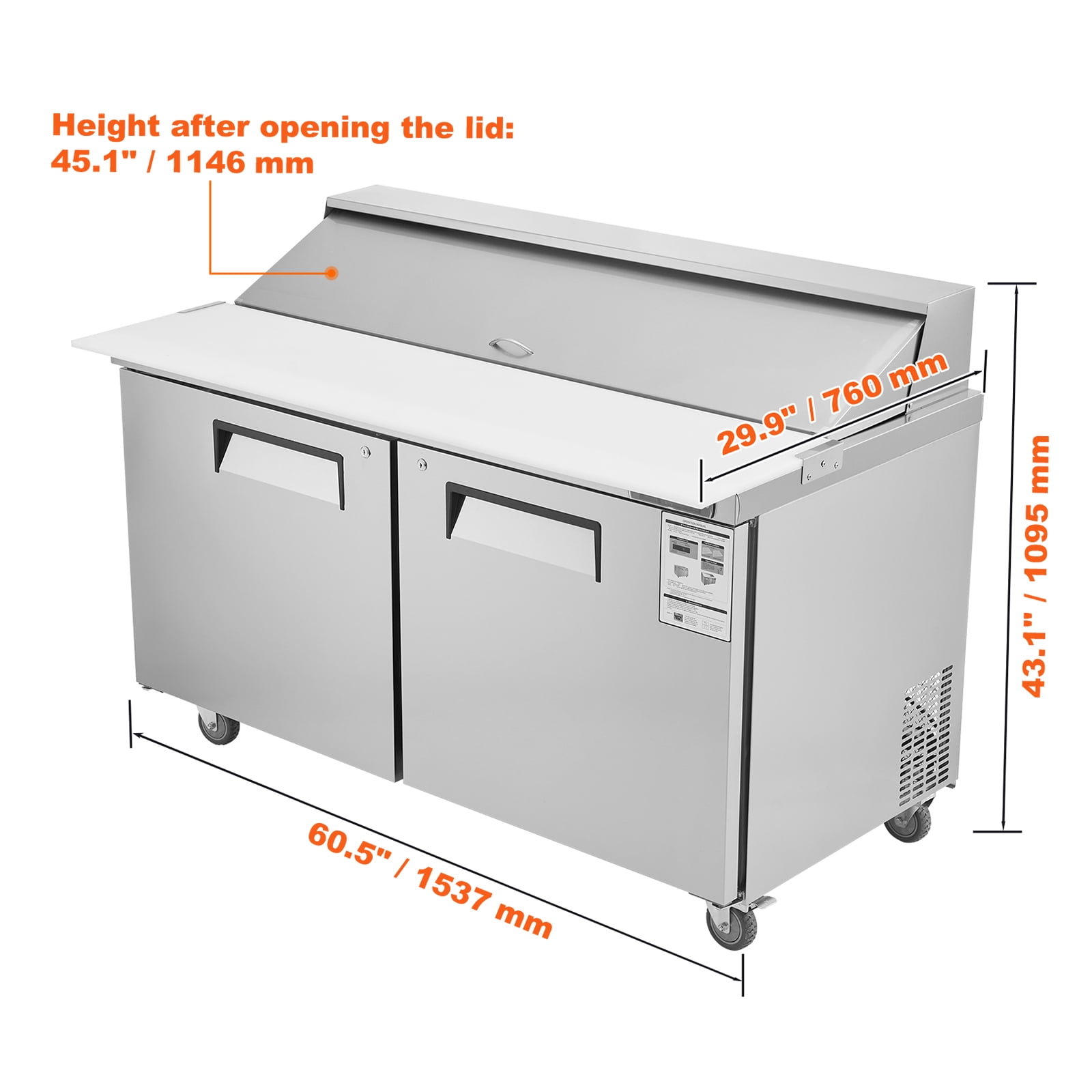 KFFKFF 60" Professional Fridge for Sandwich & Salad Preparation, 16.4 Cu. Ft Stainless Steel Chilled Food Preparation Area with 16 Trays, Cutting Board, Defrosting Refrigerator with Lock