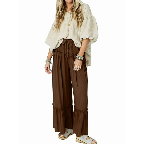Pantalones Palazzo Holgados de Playa con Cintura Alta Elástica, Dobladillo con Volantes y Pierna para Mujer Color Café L