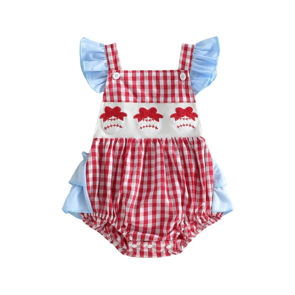 BemeyourBBs Newborn Baby Girl Baseball Outfit Infant Baby Girls Clothes Plaid Gingham Romper Cute Bow Baseball Embroidery Flying Sleeve Backless Bodysuit Jumpsuit Playsuit