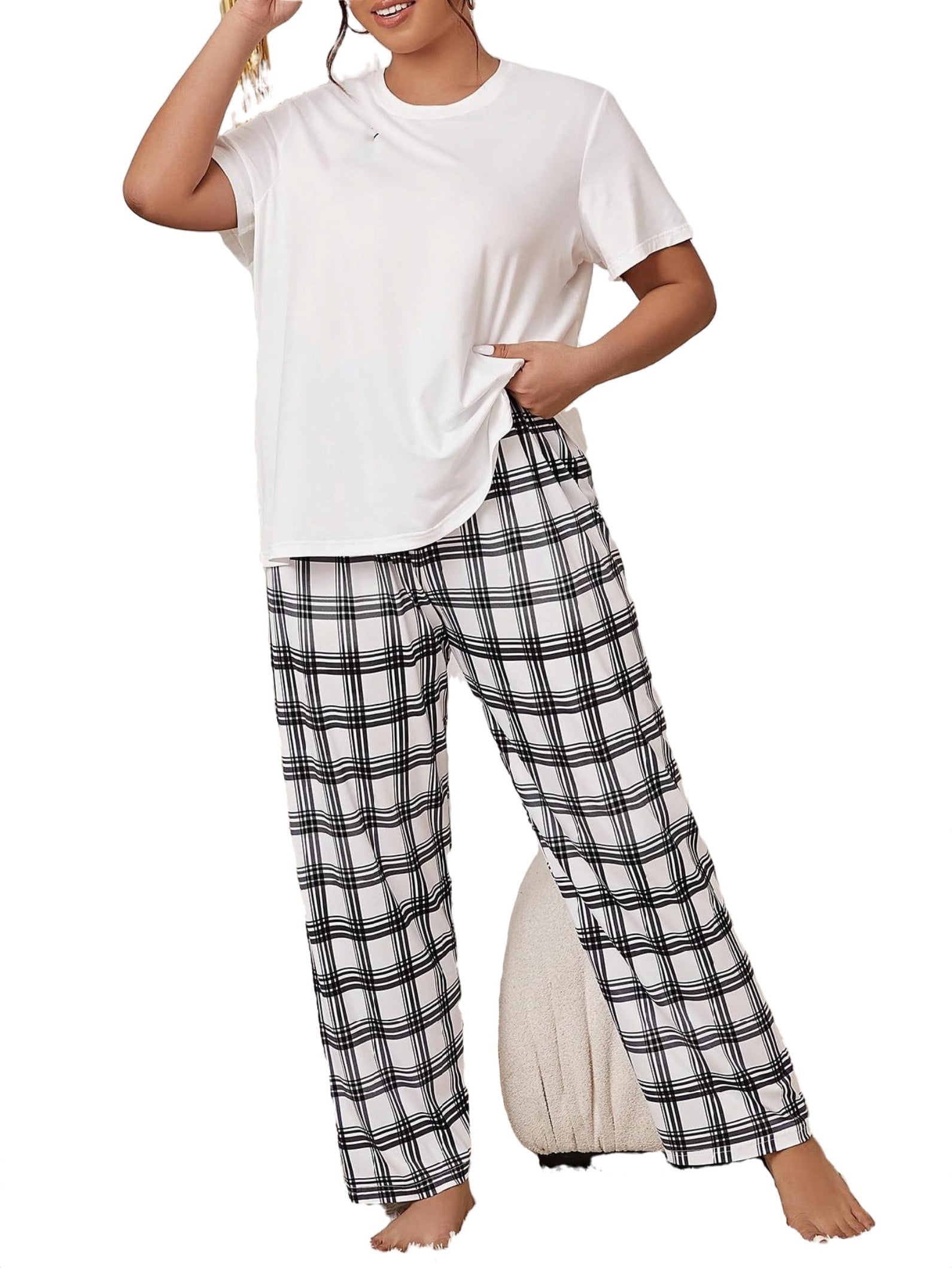 CasualCasual Plaid Print Scoop Neck Pant Sets Short Sleeve Black and