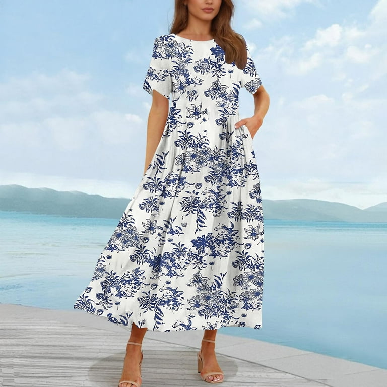 Taqqpue Women's Summer Maxi Dresses Short Sleeve Boho Floral Crew Neck Dress  Summer Casual Flowy A Line Beach Dresses Long Sundress for Holiday -  Walmart.com