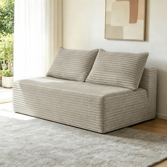 Over size SZCLIMAX 58-inch Oversized Modular 2-Seater Sofa, Plush Beige Velvet Median Sectional with Built-in Cup Holders, Comfy Upholstered Couch for Modern Living Room