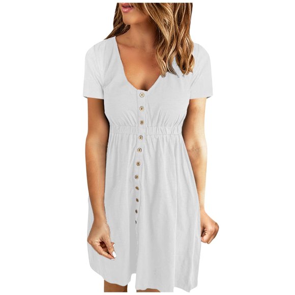 fartey Robe Boutonnée pour Femme Été 2025 Tunique Unie Plissée Mini Robes Détente Col en V Manches Courtes Robes d'Été