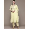 thumbnail image 3 of Anarkali Style Cotton Kurta Pant Dupatta Set Indian Women Kurti Salwar Suit V-Neck Size 46, 3 of 5