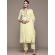 Anarkali Style Cotton Kurta Pant Dupatta Set Indian Women Kurti Salwar Suit V-Neck Size 46