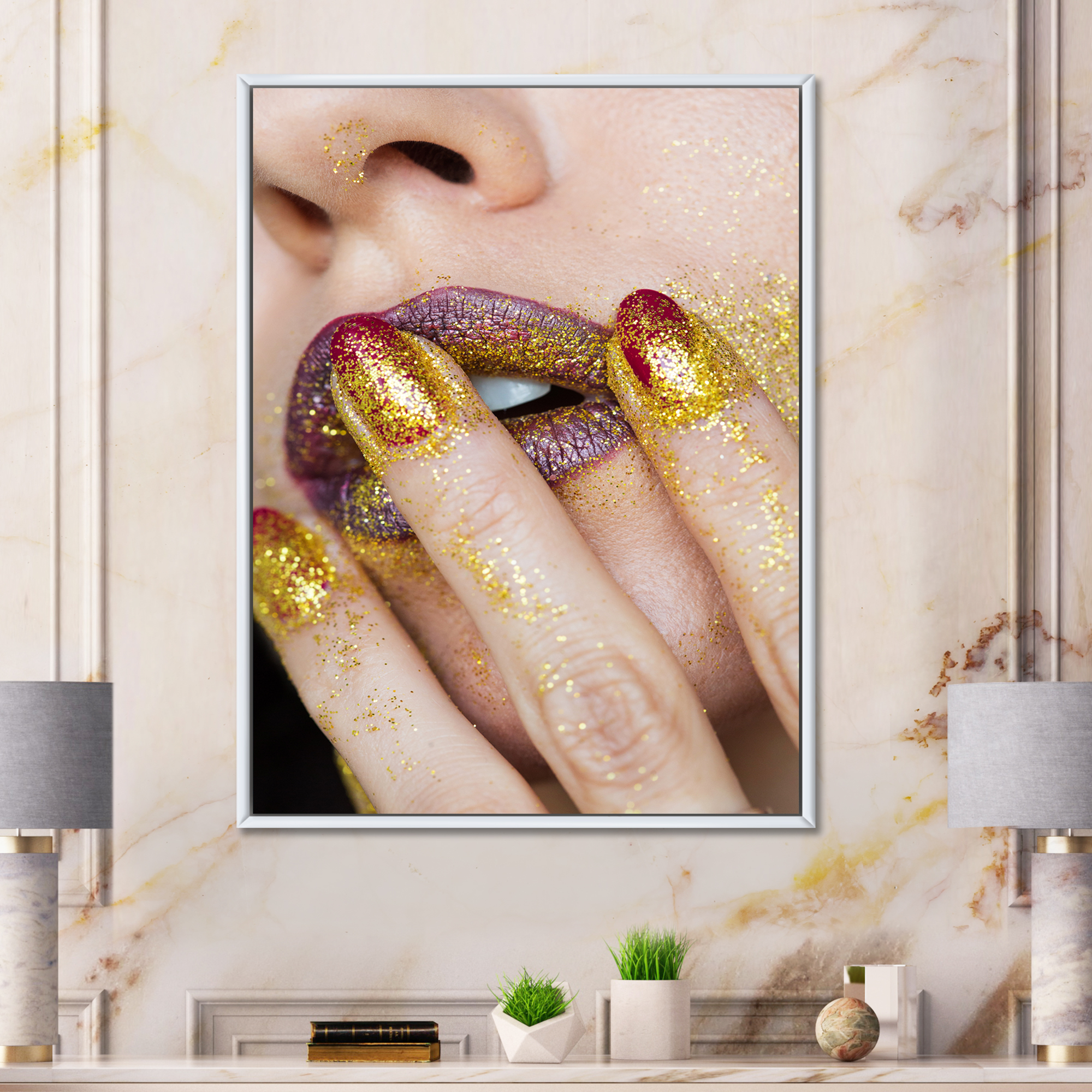 Close-Up Of Woman Golden Gold Glitter Lipstick 12 in x 20 in Framed Photography Canvas Art Print, by Designart