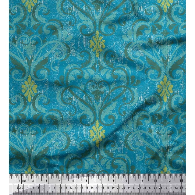 Soimoi Blue Cotton Cambric Fabric Vector Design Damask Print Fabric by the Yard 42 Inch Wide