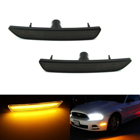 - iJDMTOY (2) Smoked Lens Front Side Marker Lamps with 27-SMD Amber LED Lights For 2010-2014 Ford Mustang Front Bumper