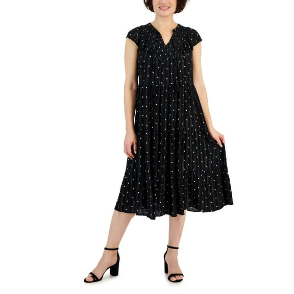 Women's Printed Ruffled Shine Midi Dress Black Polka Dot XL