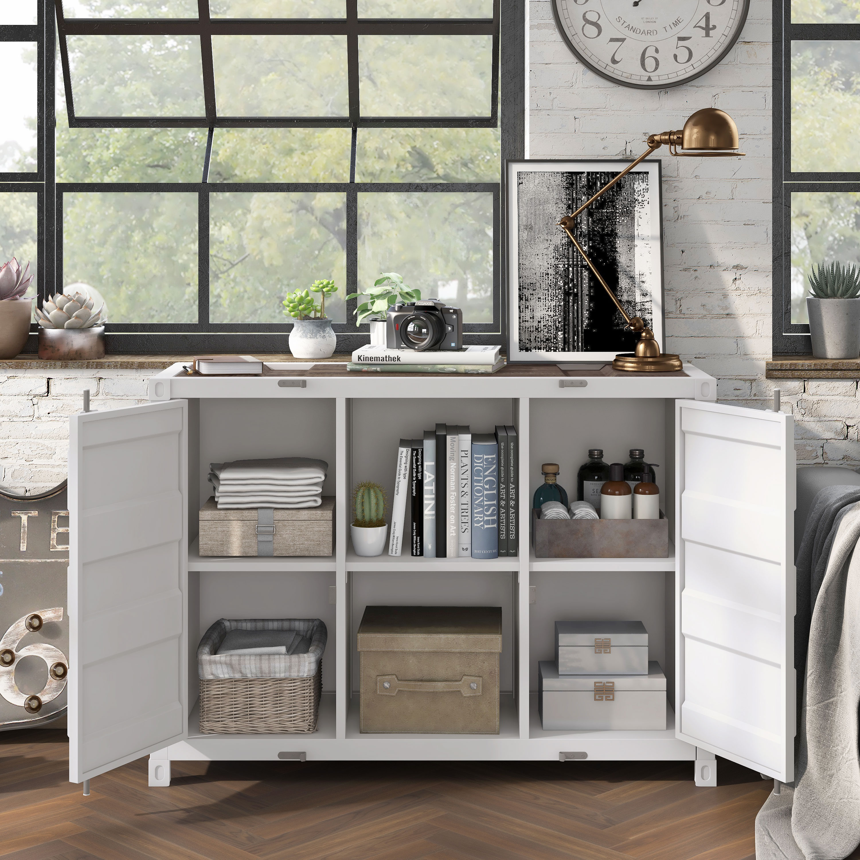 Furniture of America Button Metal 6-Shelf Console Table, Sand White