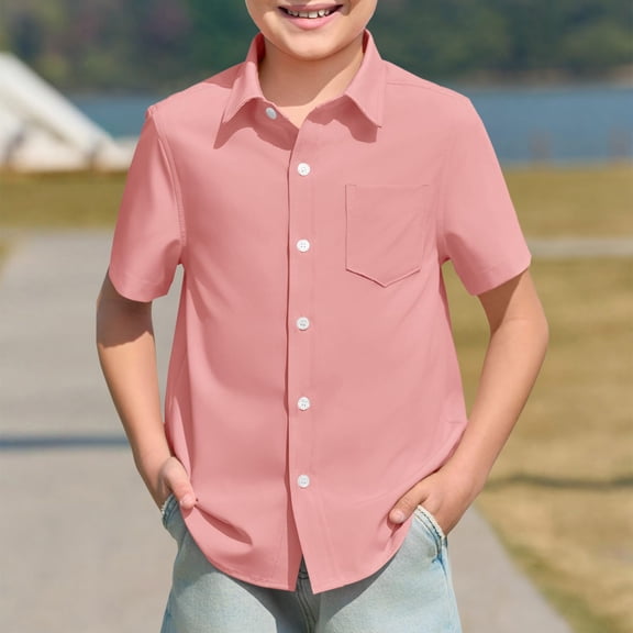 SOFTCCLO Boys Shirts Short Sleeve Lapel Collar Solid Color Tops with Pocket Summer Casual Comfy Kids Shirts Size 9-10Y