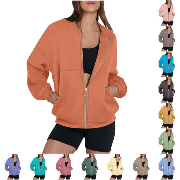 QTSHPN Hoodless Jacket for Women Winter Long Sleeve Zip up Casual Solid Color Lined Zipper Collar with Pockets Womens Sweatshirts Rose Gold XXL