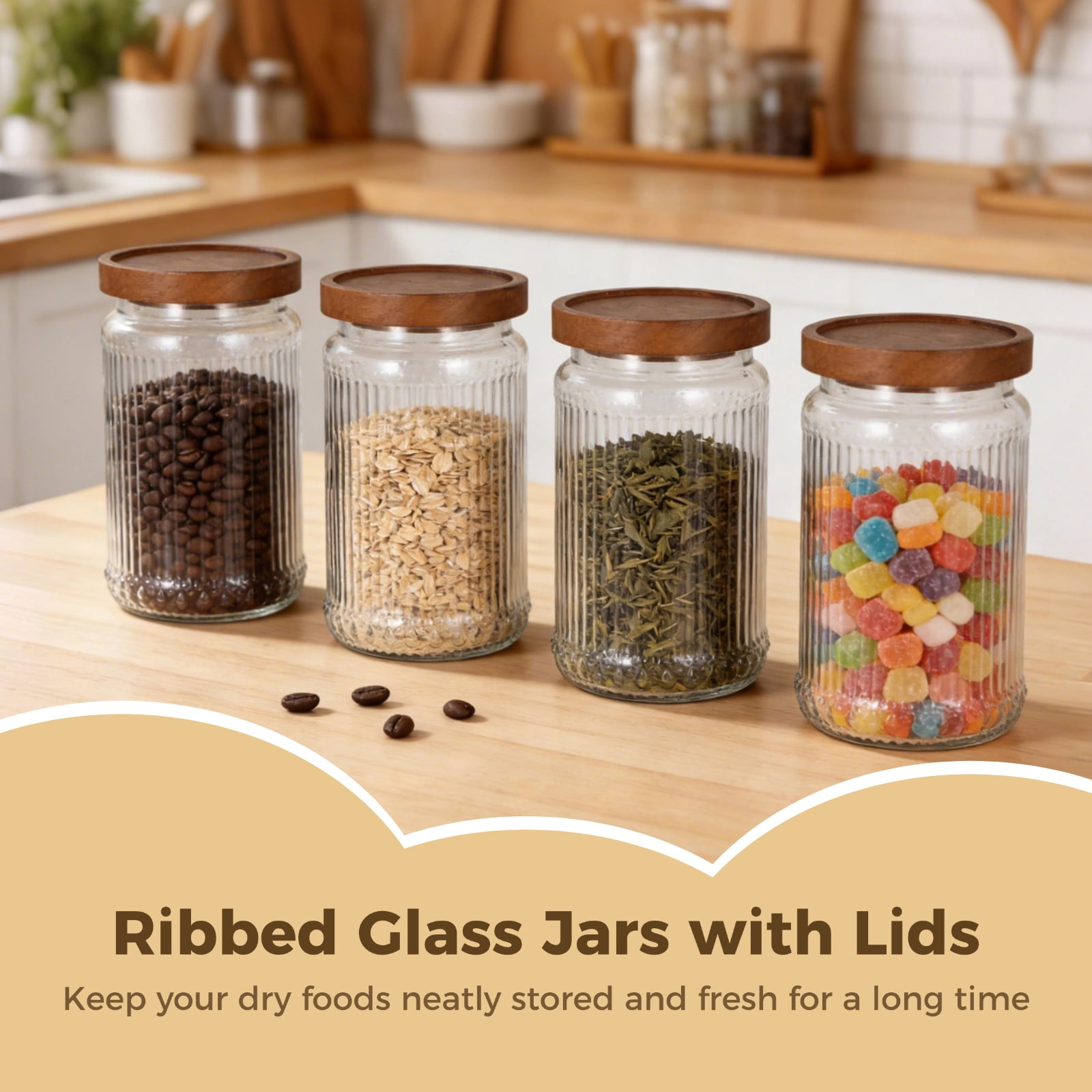 4 Pcs Ribbed Glass Jars with Lids, 32 oz Large Storage Canisters with Airtight Wooden Lids, Vintage Clear Food Storage Containers for Candy, Coffee Beans, Grains, Tea, Sugar