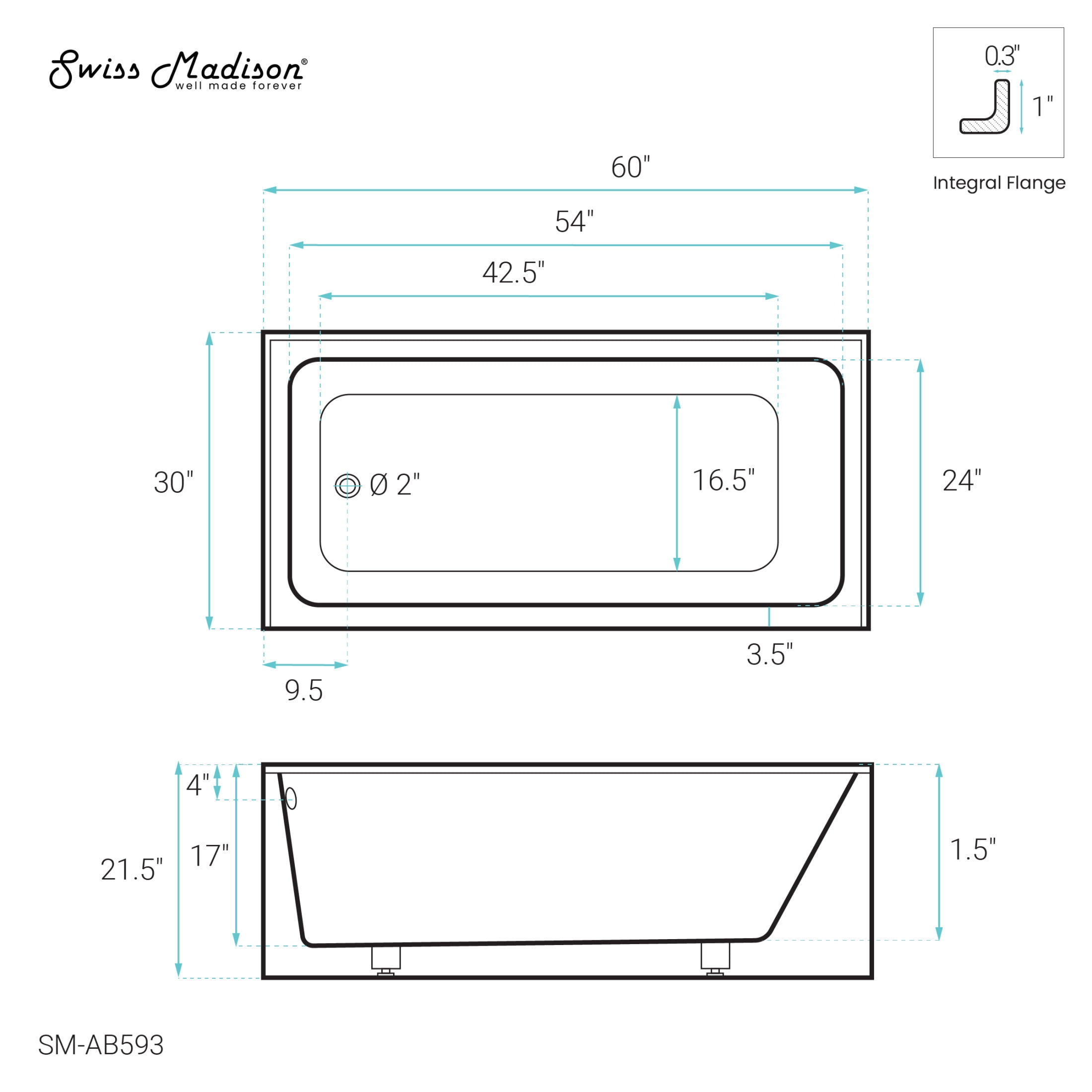 Voltaire 60 x 30 Skirted Left Drain Soaking Alcove Bathtub in Glossy White