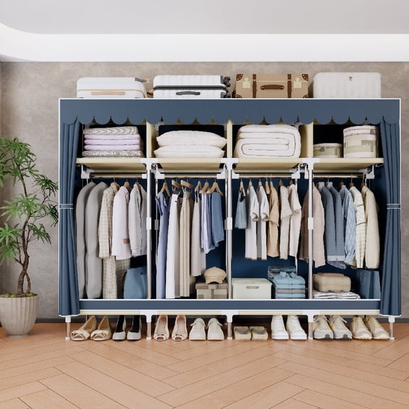 ArluKin Portable Closet Organizer and Storage with 4 Hanging Rods for Hanging Clothes, 4 Wardrobe Closet Storage Shelves for Bedroom, Easy to Assemble