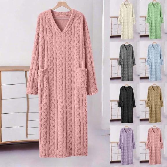 JGGSPWM Jacquard Flannel Nightgown for Women Loose V Neck Fuzzy Fleece Sleepdress Plush Fall Winter Comfy Bathrobe with Pockets Blue L