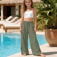 thumbnail image 2 of WUANDIXFA Girls Sweatpants 5-15 Years Girls Linen Pants Drawstring Wide Leg Pants Summer Flowy Palazzo Beach Trousers with Pockets,Mint Green,5-6 Years, 2 of 5