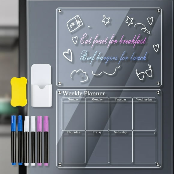 Clear Acrylic Magnetic Refrigerator Calendar Set: 15.7x11.8in Monthly & Weekly Planner Boards with 6 Colored Markers, Magnetic Eraser, and Pen Holder – Strong Magnet Adhesion, Dry Erase Surface for