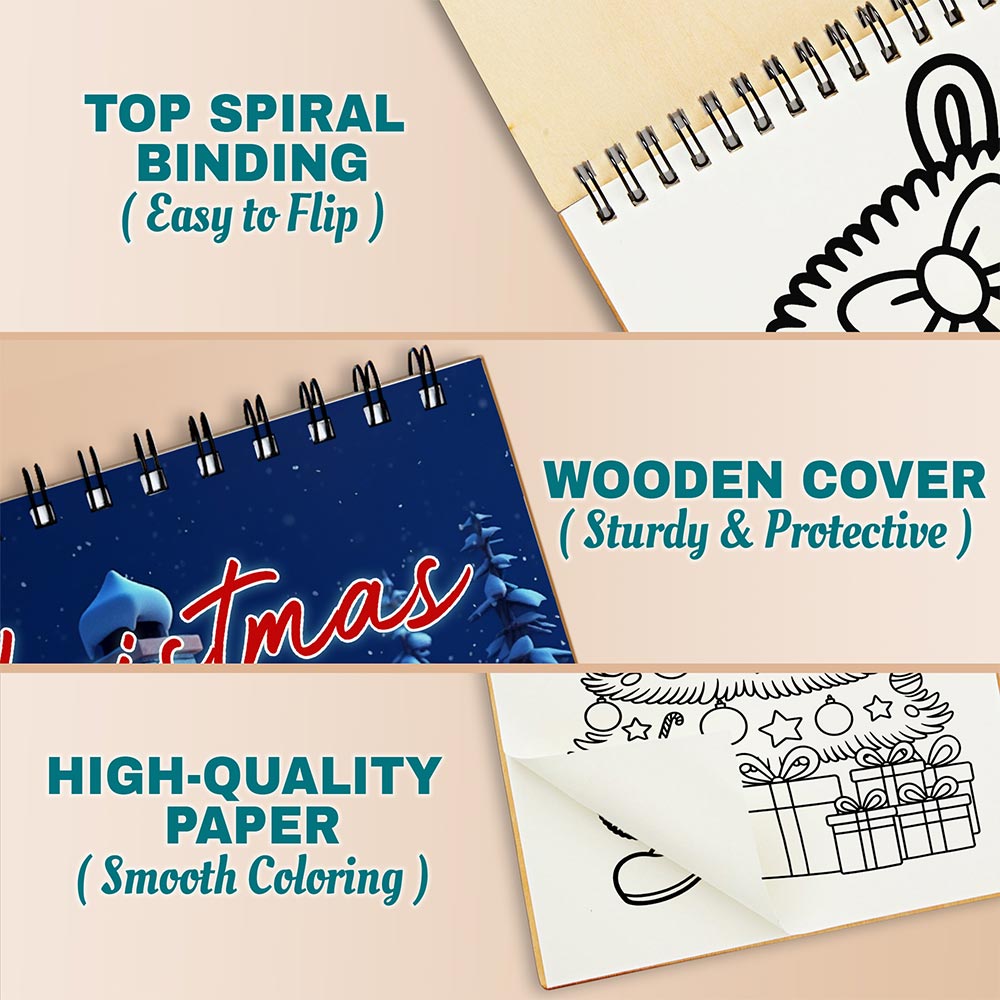 Netecom Large Print Christmas Coloring Book Spiral Bound for Adults, A5 Wooden Cover, 30 Stunning Coloring Pages of Cute Decorating the Christmas Tree for Stress Relief and Relaxation