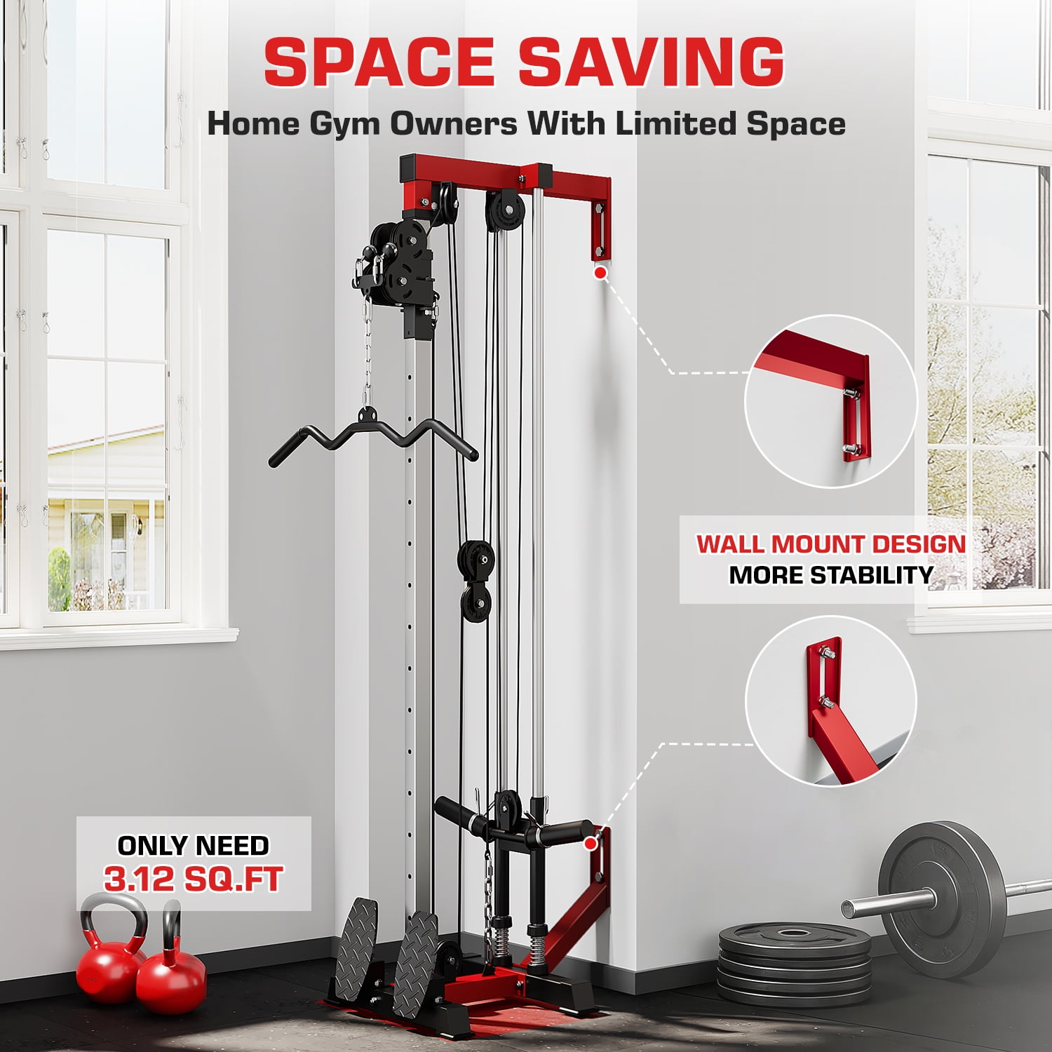 Mitonos  Cable Crossover Machine,Lat Pull Down Machine with Adjustable 18 Positions  Dual Pulley System,Wall Mount Cable Station  with 400LBS Weight Stack for Home Gym Fitness