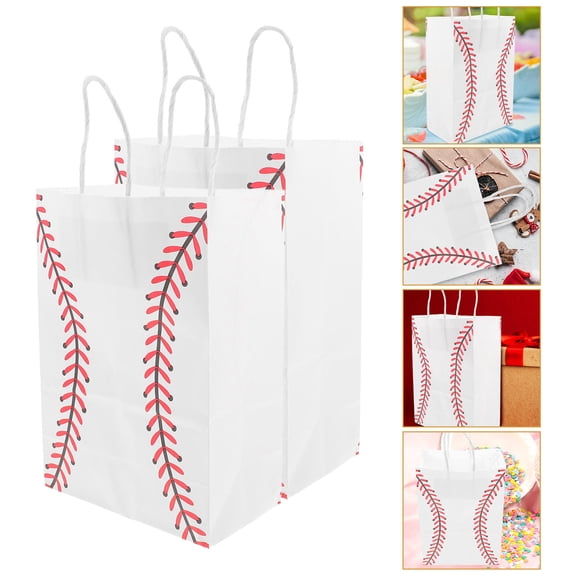 Minkissy 12Pcs Baseball Treat Bags Paper Bags with Handles for Party Wrapping White Design