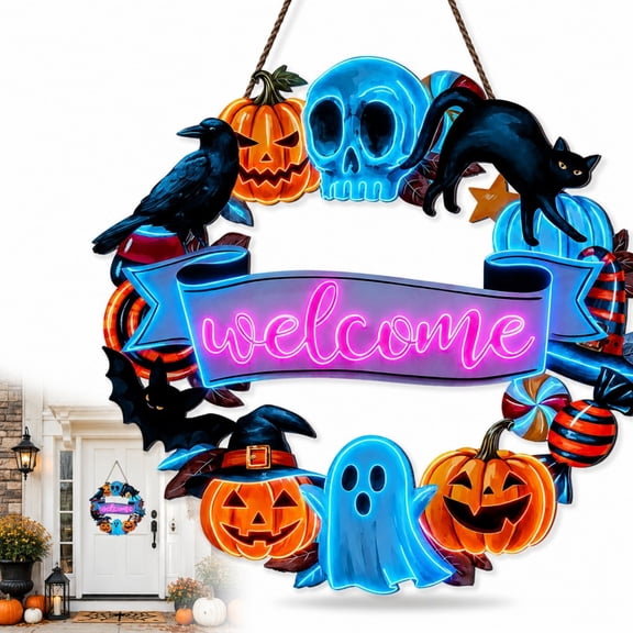 Halloween Wood Wreath,Ghost Black Cat Pumpkin Skull Door Hanging Sign Decorations, for Front Door Hanger Home Decor Party Supplies(30*30)