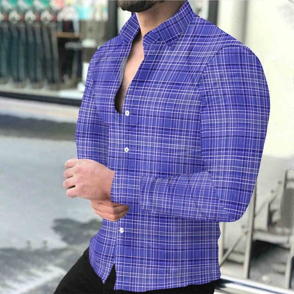 WAENQINLA Work Shirts for Men Button Up Long Sleeve Tops Plaid Graphic Dressy Casual Golf Tees Business Office Formal Jackets Blue S