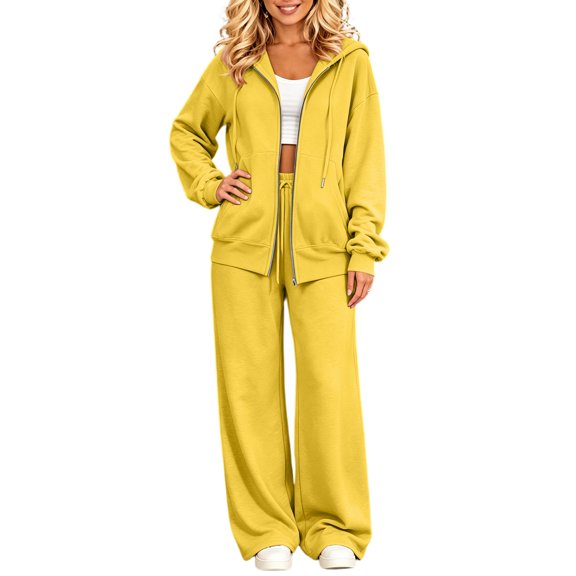 Szluipve 2 Piece Sets for Women Zip‑Up Hoodie 2 Piece Loungewear Set Drawstring Full Zip Hooded Jacket & Elastic Waist Wide Leg Pants Casual Tracksuit Outfit with Pockets Yellow S