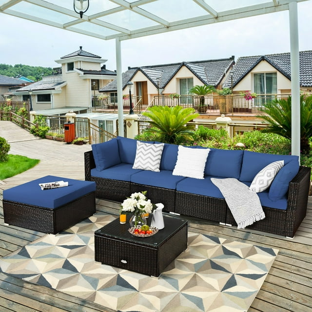 Costway Ensemble de Mobilier d'Extérieur en Rotin pour Patio 6 Pcs Canapé Sectionnel Coussiné Bleu Marine