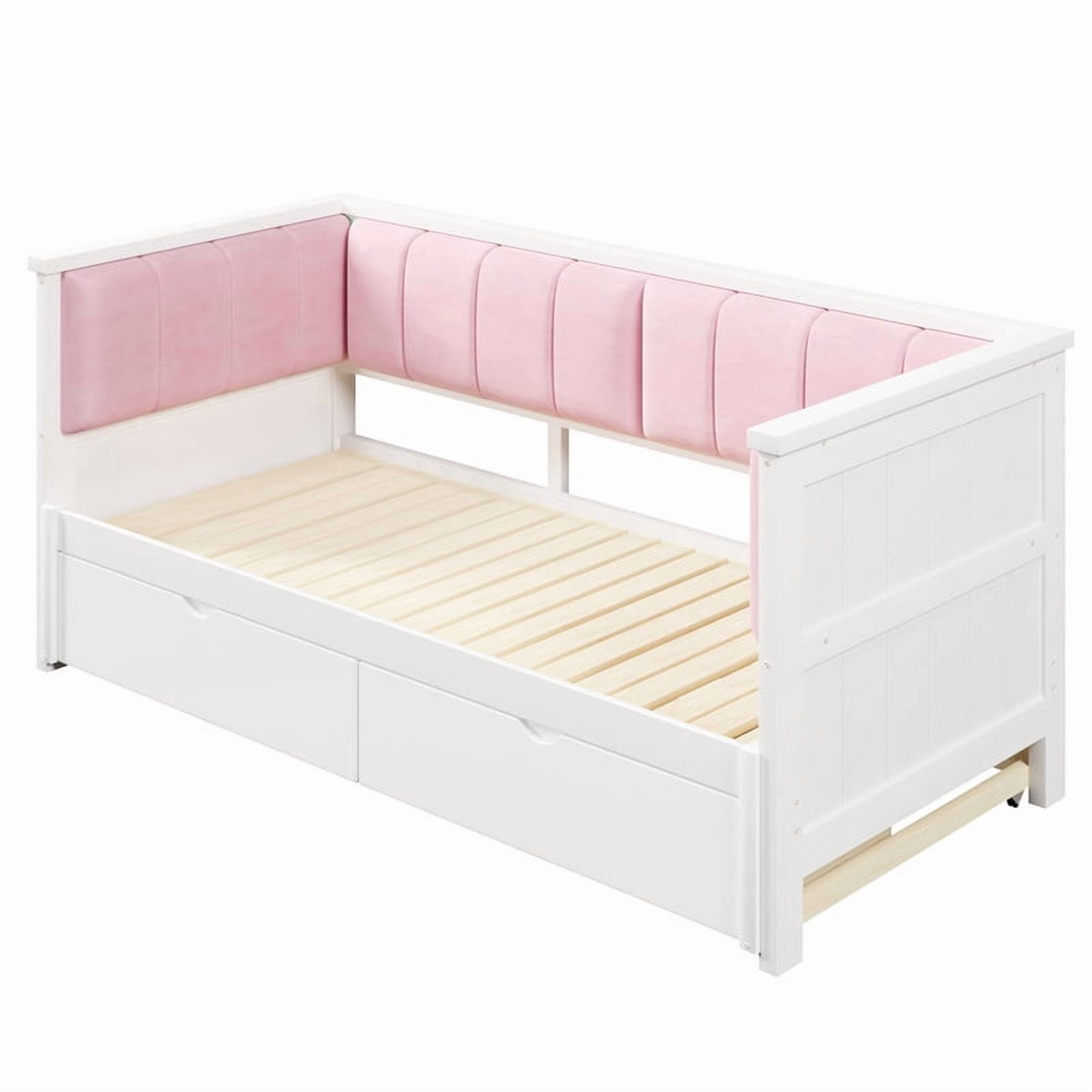 Twin XL to King Size Extendable Daybed with Two Storage Drawers, Expandable Sofa Bed Frame with Upholstered Velvet Backrest