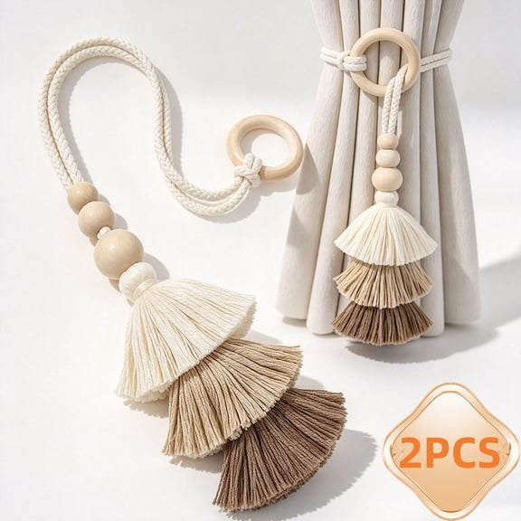 Tassel Curtain Tiebacks, Wooden Ring Rope Curtain Holdbacks for Bedroom Window Decor, 2 Pack Boho