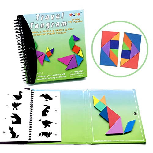 Warmlybebe Wooden Pattern Blocks Set Magnetic Tangram for Kids Geometric Shape Puzzle Educational Assembling Toys for Kids Ages 3-8 with 20 Pcs Double-Sided Design Cards 40 Patterns Tangram - Heart
