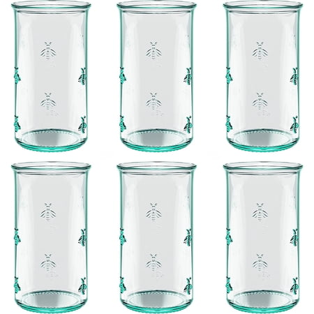 Amici Home Set of 6 Italian Recycled Green Regina Hiball Glass, 18 oz Drinking Glassware, Embossed Bee Design