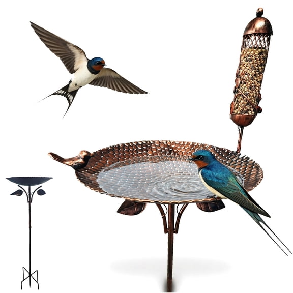 Outdoor Bird Bath with Metal Ground Stake, Weather-Resistant ABS Birdbath Bowl & Bird Feeder, Copper Finish for Garden & Yard