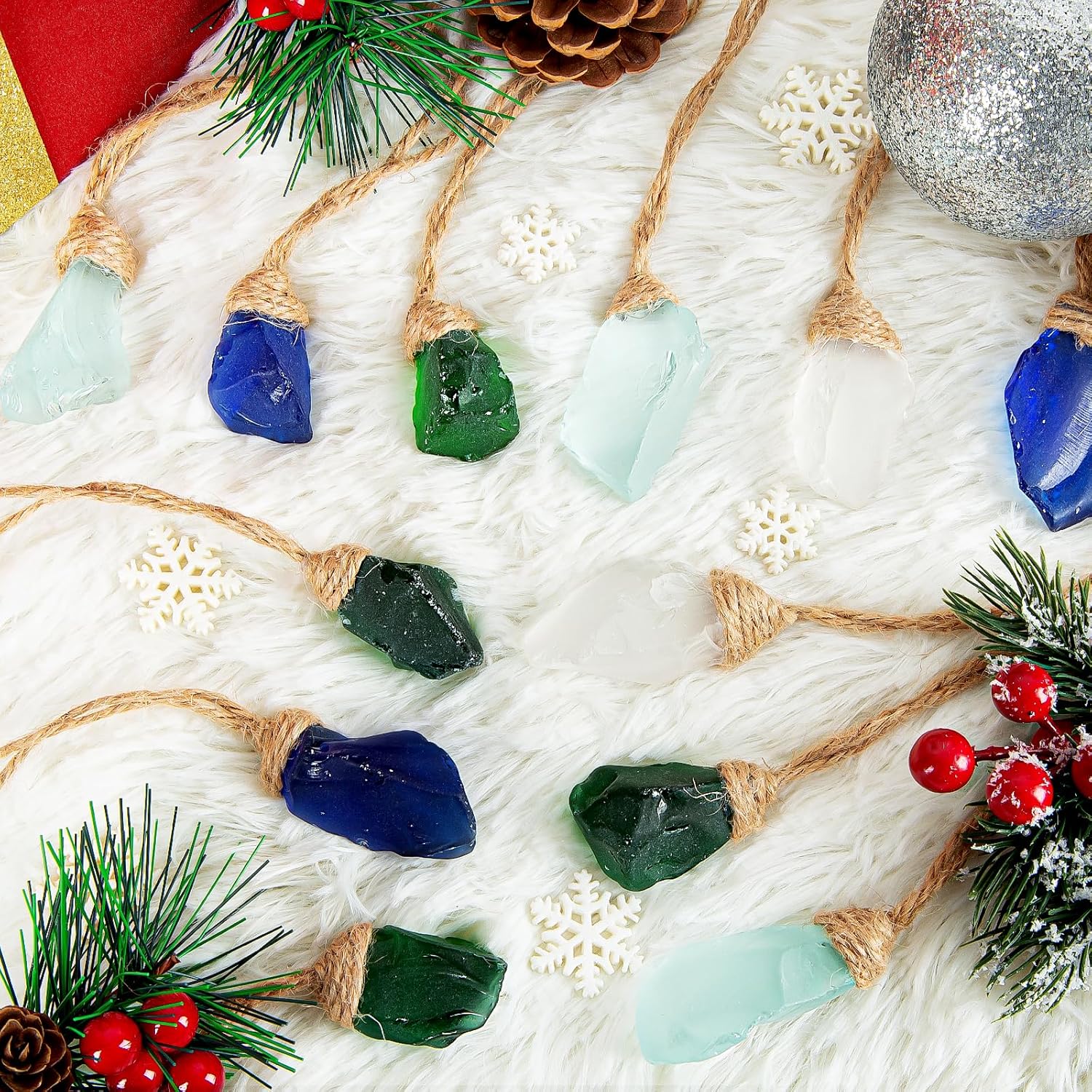 Sinkoo 24pcs Sea Glass Christmas Ornaments, Handmade Seaglass Block Crafts Coastal Beach Hanging Ornament Sets for Christmas Tree Party Weddings Decor