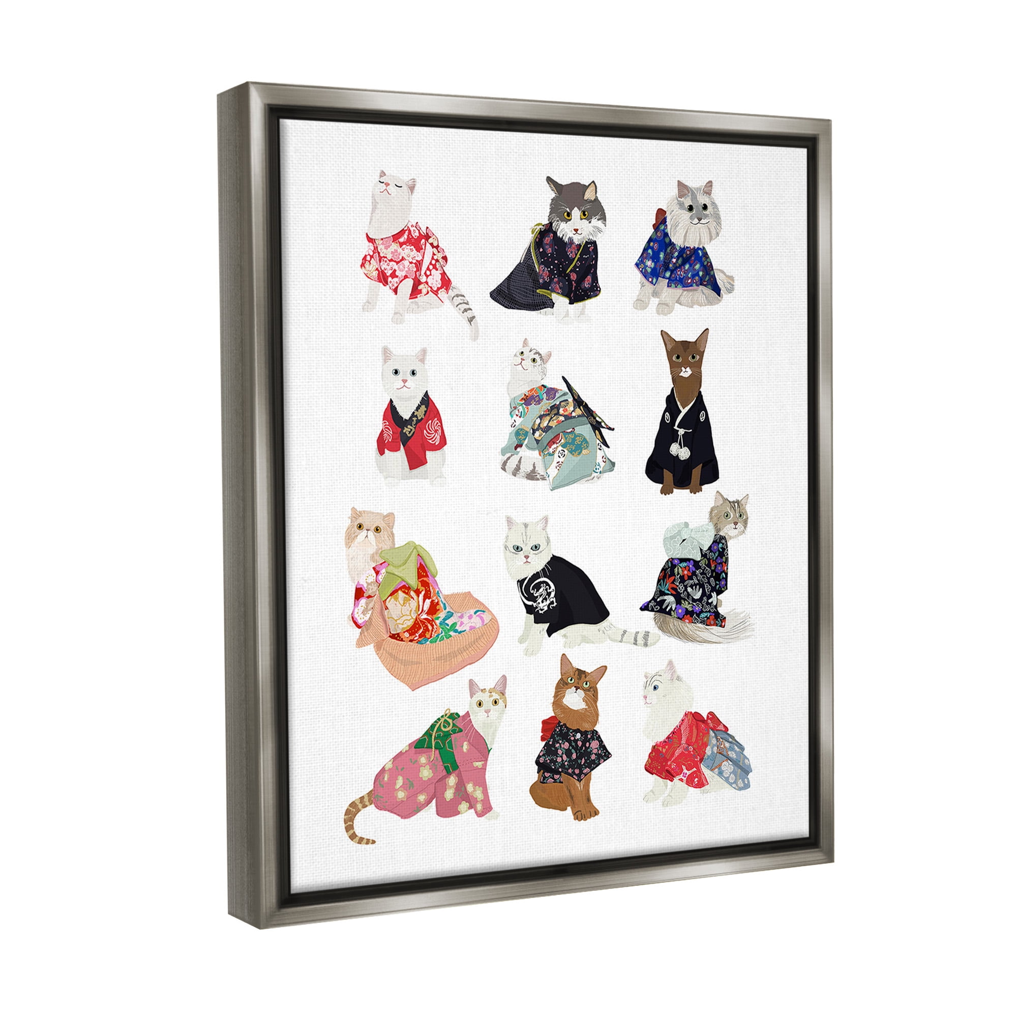 Stupell Industries Cats in Traditional Kimono Animals & Insects Painting Gray Floater Framed Canvas Art Print Wall Art, 25 x 31
